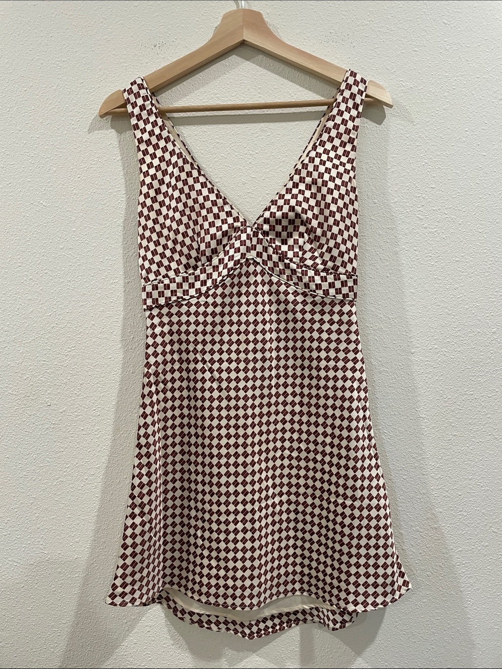 Abercrombie & Fitch Sleeveless V-Neck Checkered Mini Dress Brown Cream Autumn XS